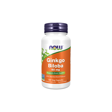 A bottle of Now Foods Ginkgo Biloba Extract 60 mg, with 120 vegetarian capsules, formulated to support brain health and cognitive function.